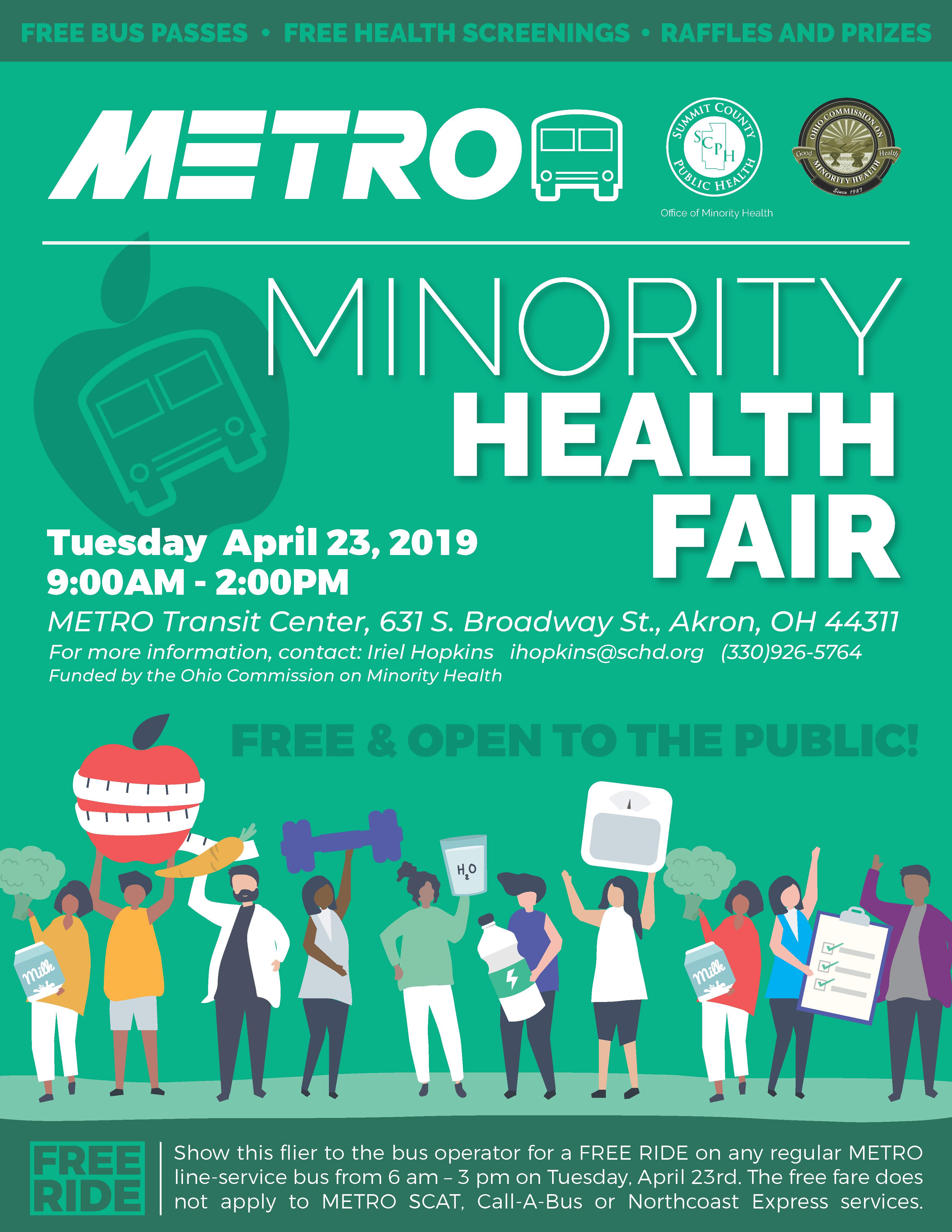 Minority Health Fair on Tuesday, April 23rd from 9 a.m. to 2 p.m. at the Robert K. Pfaff Transit Center, 631 S. Broadway St., Akron. Free health screenings, vendors, raffles, and prizes.